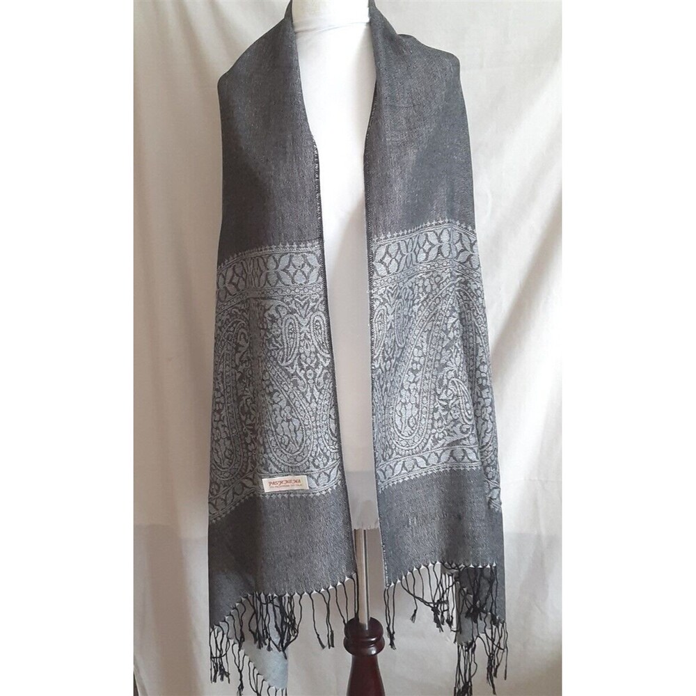 Shawl Wrap Pashmina & Silk Gray w/ Paisley Border Fringed 28" x 80" New